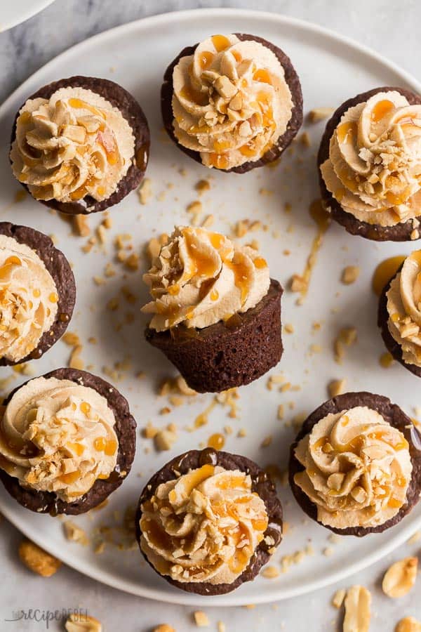 overhead image of brownie bite on its side on plate