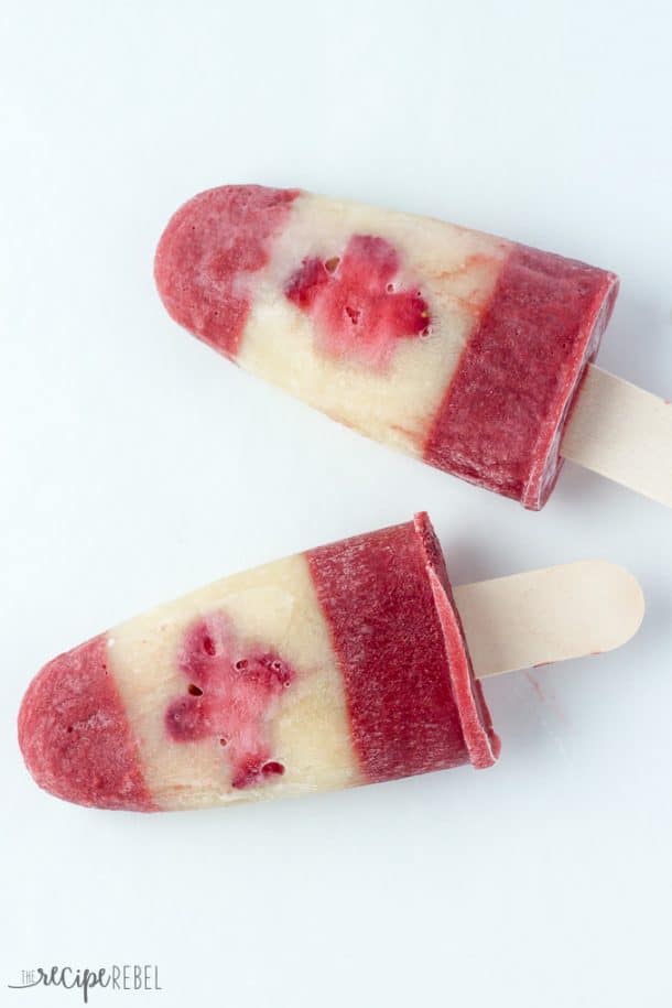 canadian flag pudding pops with maple leaf cut out of strawberry slice