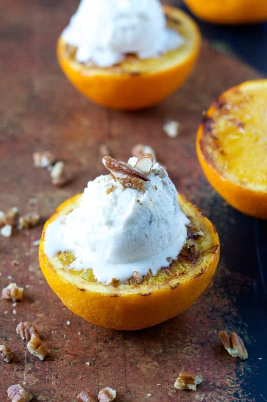 ginger grilled oranges in peel with ice cream