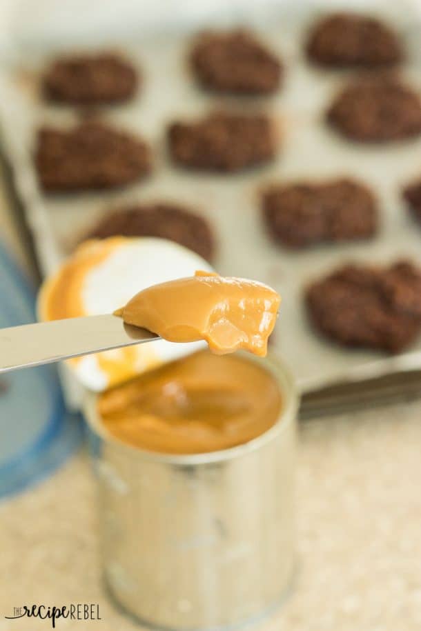 image of thick dulce de leche straight out of the can of sweetened condensed milk