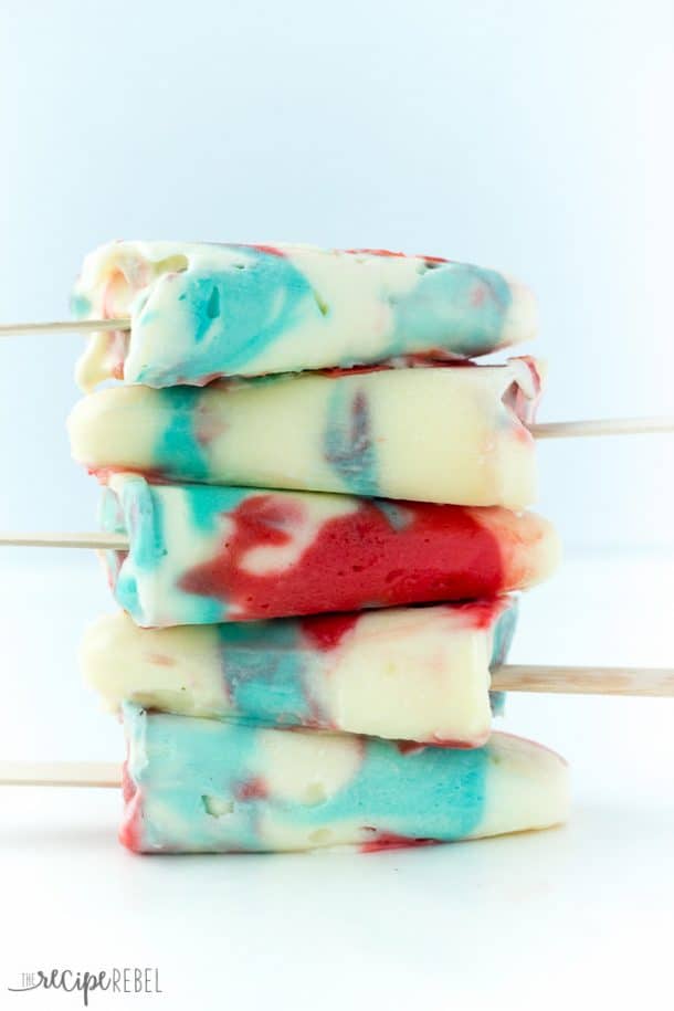 stack of five red white and blue pudding pops with wooden popsicle sticks