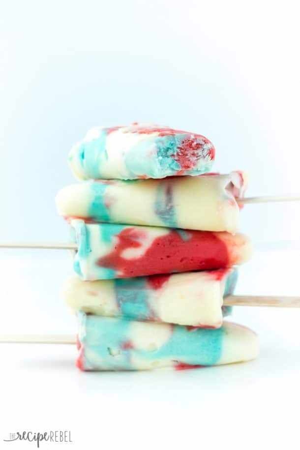 stack of five red white and blue pudding pops with bite taken out of top pudding pop