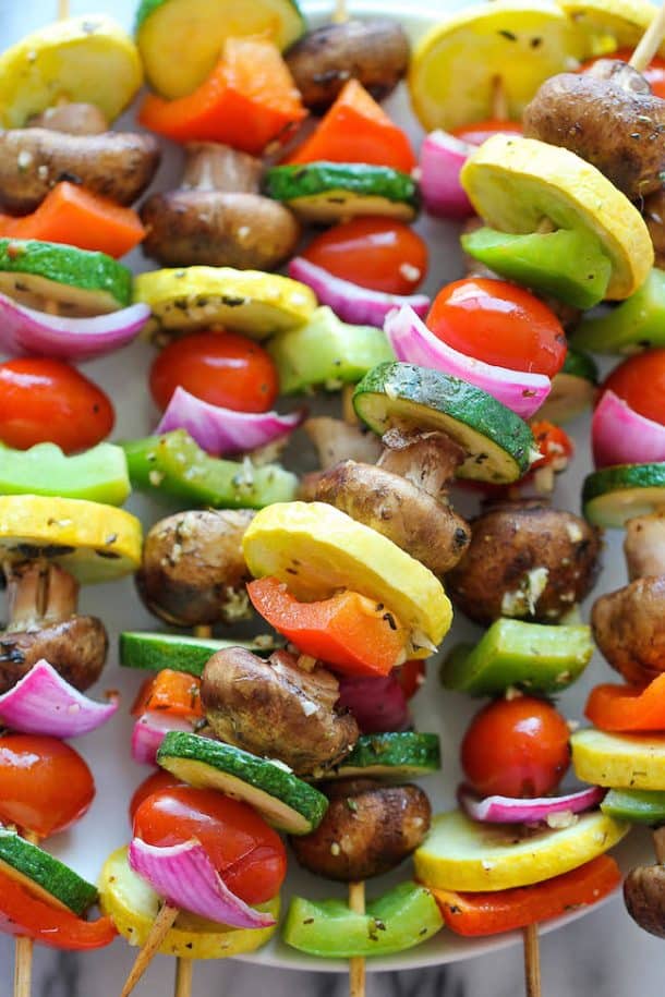 vegetable kabobs with mushroom squash tomato peppers and zucchini