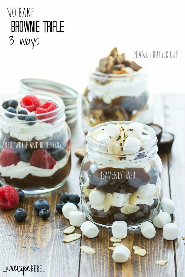 image of no bake brownie trifles three different ways with tiles 