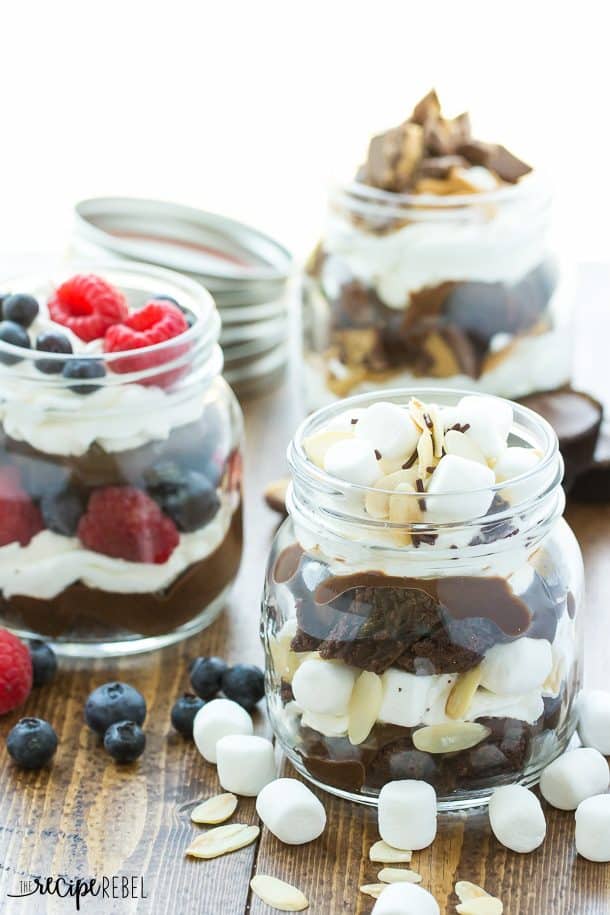 3 small jars with brownie trifles in three different flavors