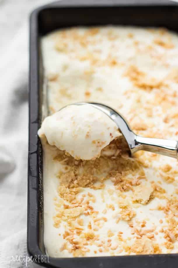 ice cream scooping scooping from loaf pan of coconut cream pie ice cream