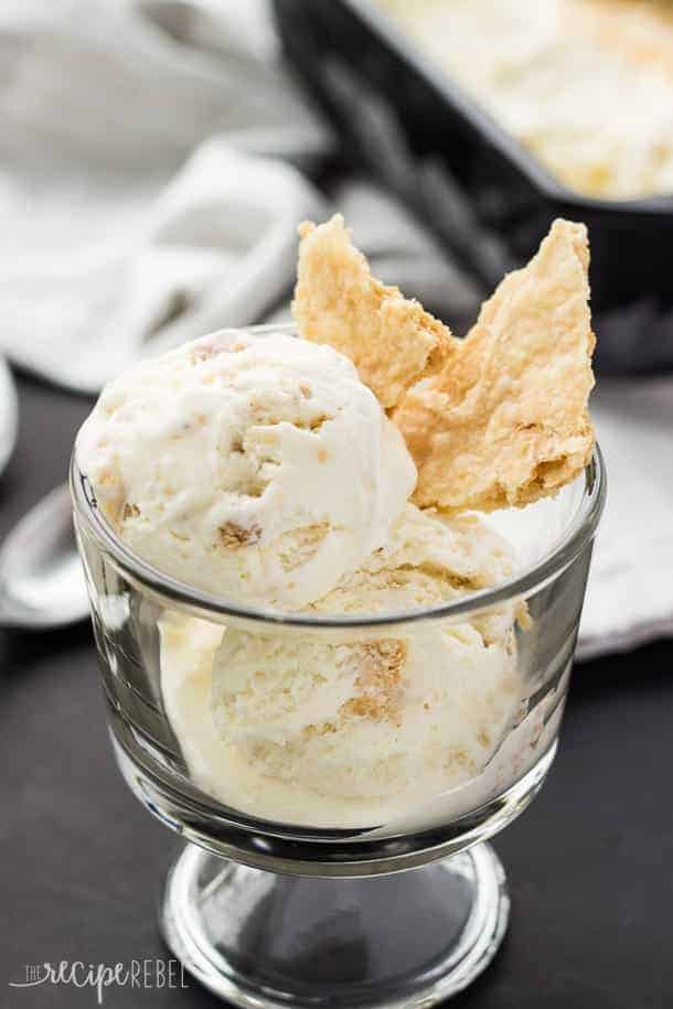 two scoops of coconut cream pie ice cream in glass bowl with pieces of pie crust stuck in the side