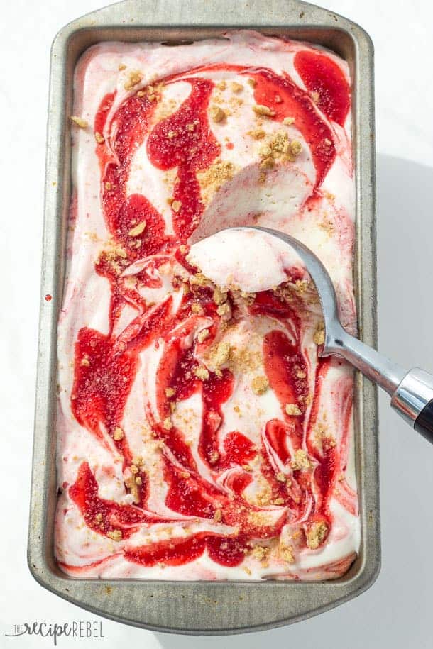 Smooth, creamy No Churn Cherry Cheesecake Ice Cream made with only 5 ingredients! Cherry Cheesecake ice cream was always one of my favorites growing up, and I think this homemade version is even better than the ice cream parlour! Mix up the pie filling flavor to easily customize. www.thereciperebel.com