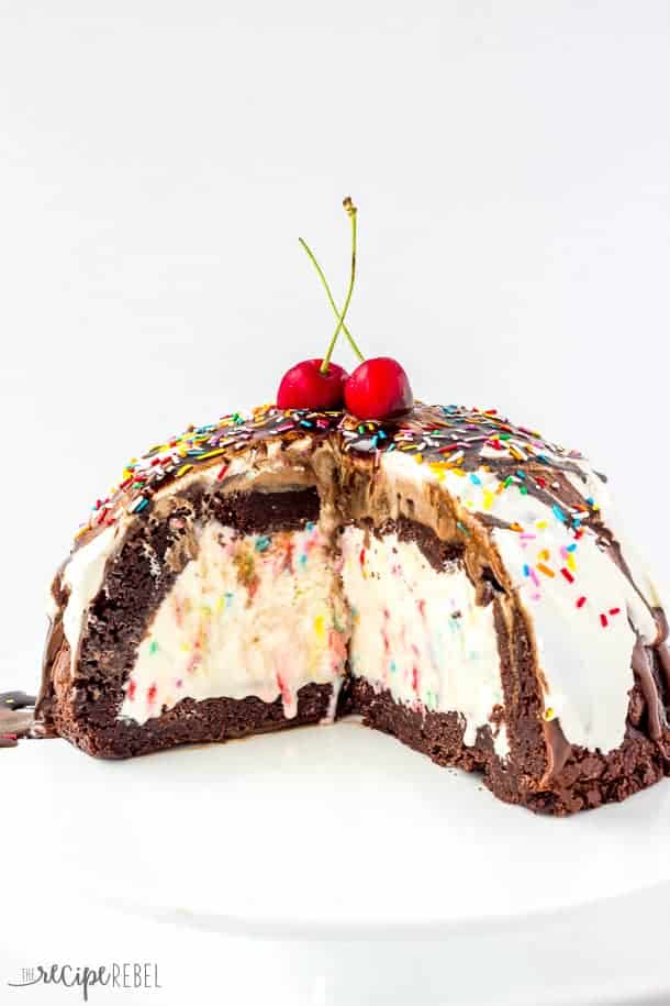 inside view of brownie mountain ice cream cake with brownies on the bottom and sides and ice cream in the middle