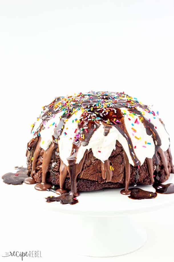 Ice Cream Brownie Mountain: A fun new ice cream cake! Rich, fudgy brownies filled with homemade ice cream (or use store bough and keep it simple!) and topped with chocolate ganache, whipped cream, chocolate sauce and sprinkles -- the perfect cake for a birthday or celebration! Change up the ice cream flavors to suit your tastes! www.thereciperebel.com