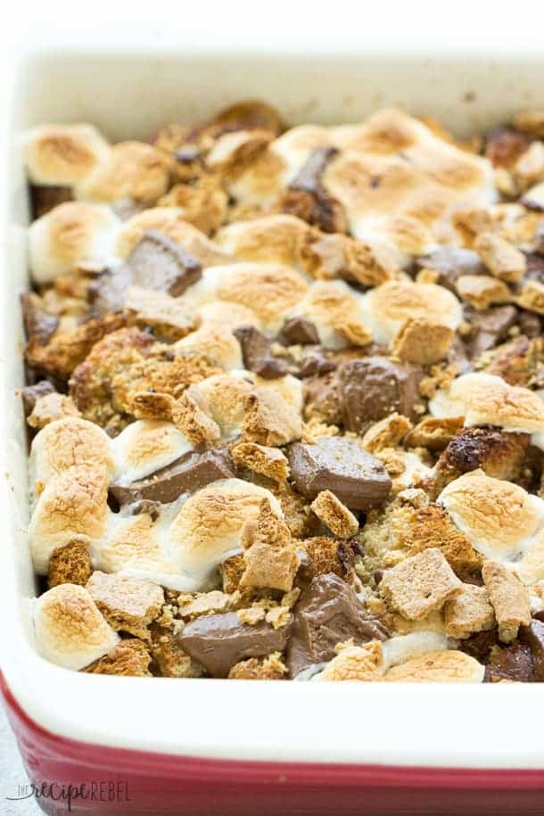 smores french toast casserole whole with toasted marshmallows chocolate squares and graham crackers