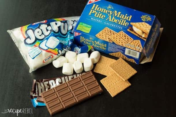 smores supplies including marshmallows graham crackers and chocolate bars