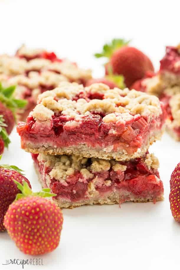 two strawberry rhubarb crisp bars stacked close up