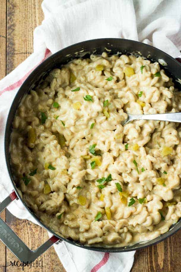 overhead image of large skillet filled with green chile mac and cheese