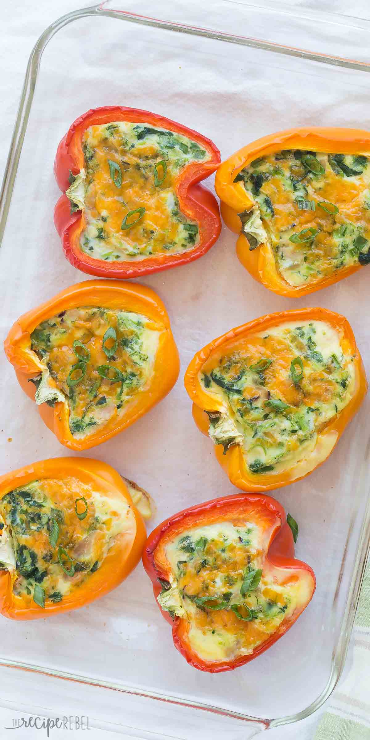 overhead image of breakfast stuffed peppers in glass baking dish