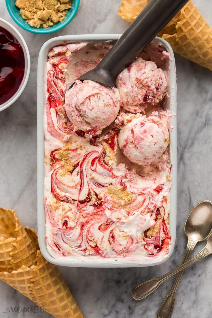 no churn cherry cheesecake ice cream scoops on top of whole