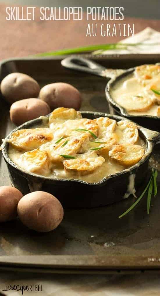 skillet scalloped potatoes in individual cast iron skillets with potatoes in the background
