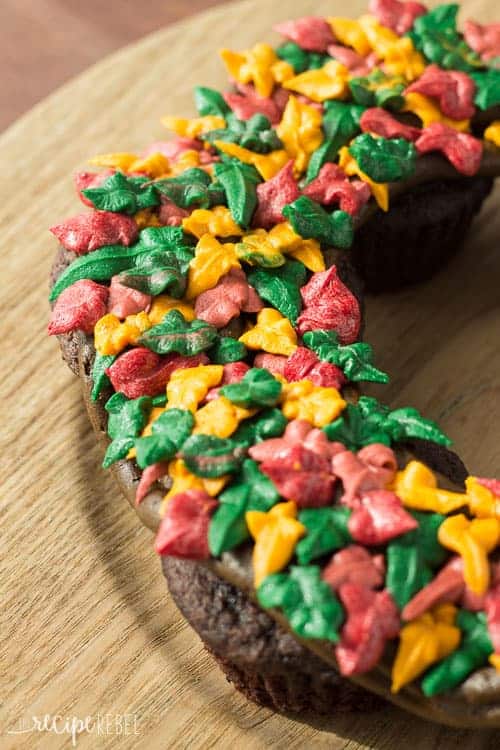 close up of frosting in fall leaves shapes and colors of red green and yellow