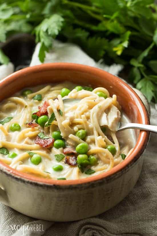 close up image of turkey tetrazzini soup in bowl with spoon lifting some spaghetti noodles