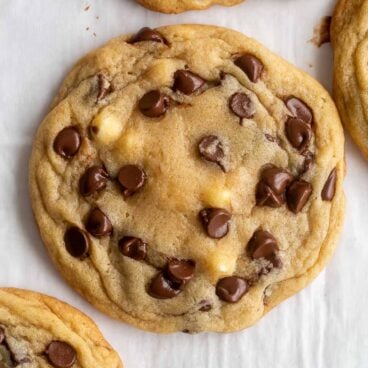 close up overhead image of chocolate chip cookie