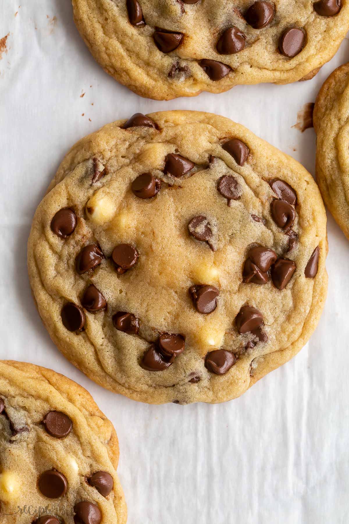 close up overhead image of chocolate chip cookie