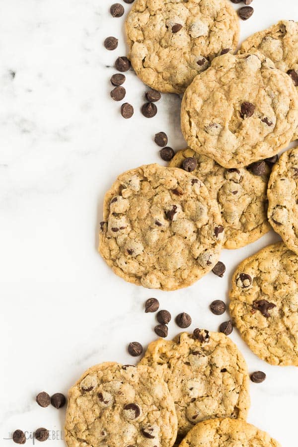 peanut butter oatmeal cookies overhead with scattered chocolate chips