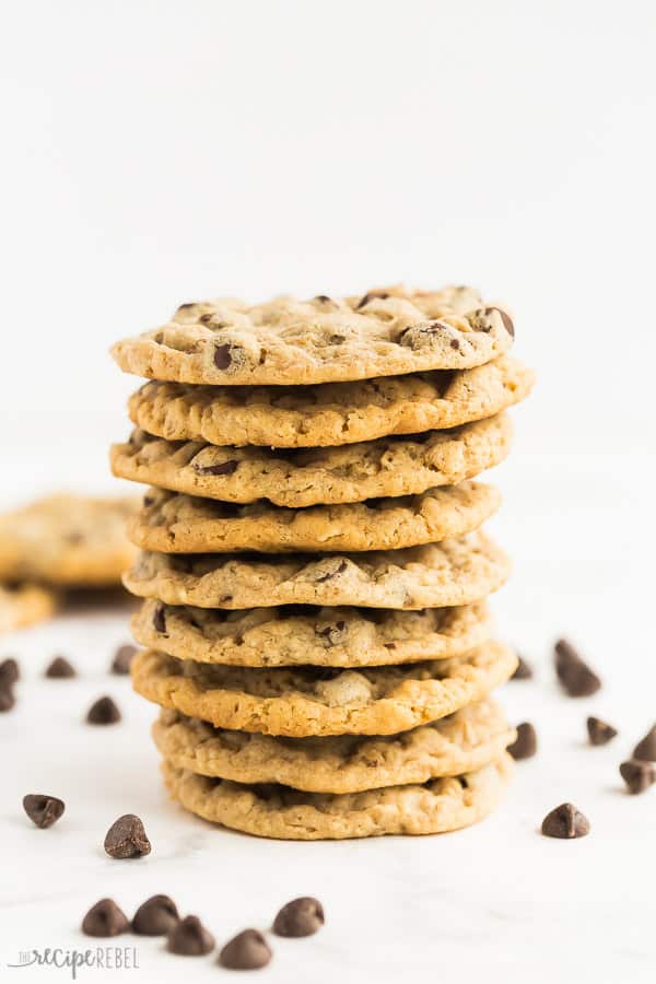 peanut butter oatmeal chocolate chip cookies stack on white background