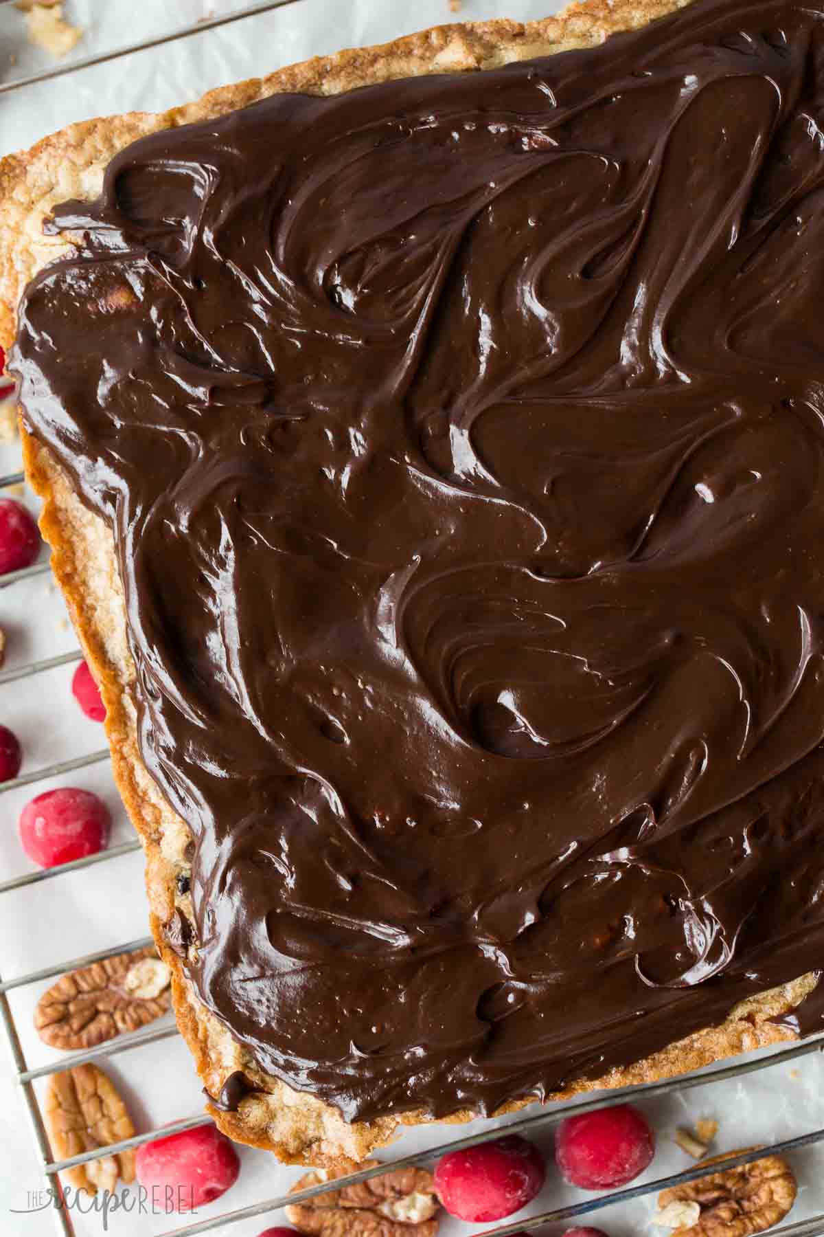 whole square of blondies covered in swirls of chocolate ganche with cranberries and pecans on the side