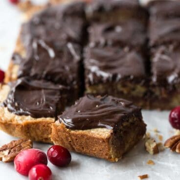 Dense, chewy blondies loaded with dried cranberries, toasted pecans and chocolate chunks and smothered in chocolate ganache -- These Cranberry Chocolate Chunk Blondies are the perfect holiday bar cookie!