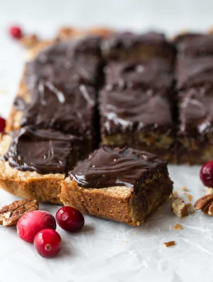 Dense, chewy blondies loaded with dried cranberries, toasted pecans and chocolate chunks and smothered in chocolate ganache -- These Cranberry Chocolate Chunk Blondies are the perfect holiday bar cookie!