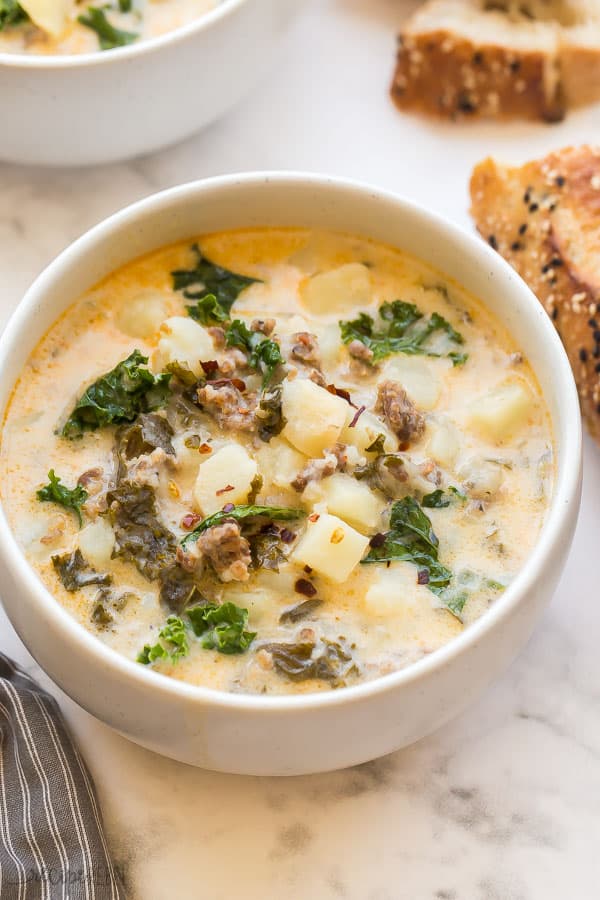 close up image of bowl of zuppa toscana soup