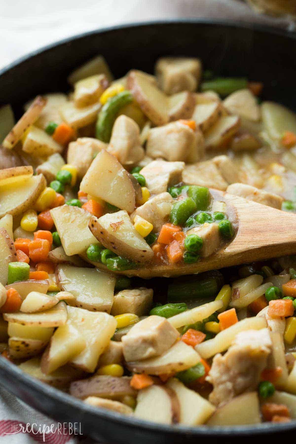 very close image of wooden spoon with chicken stew on it