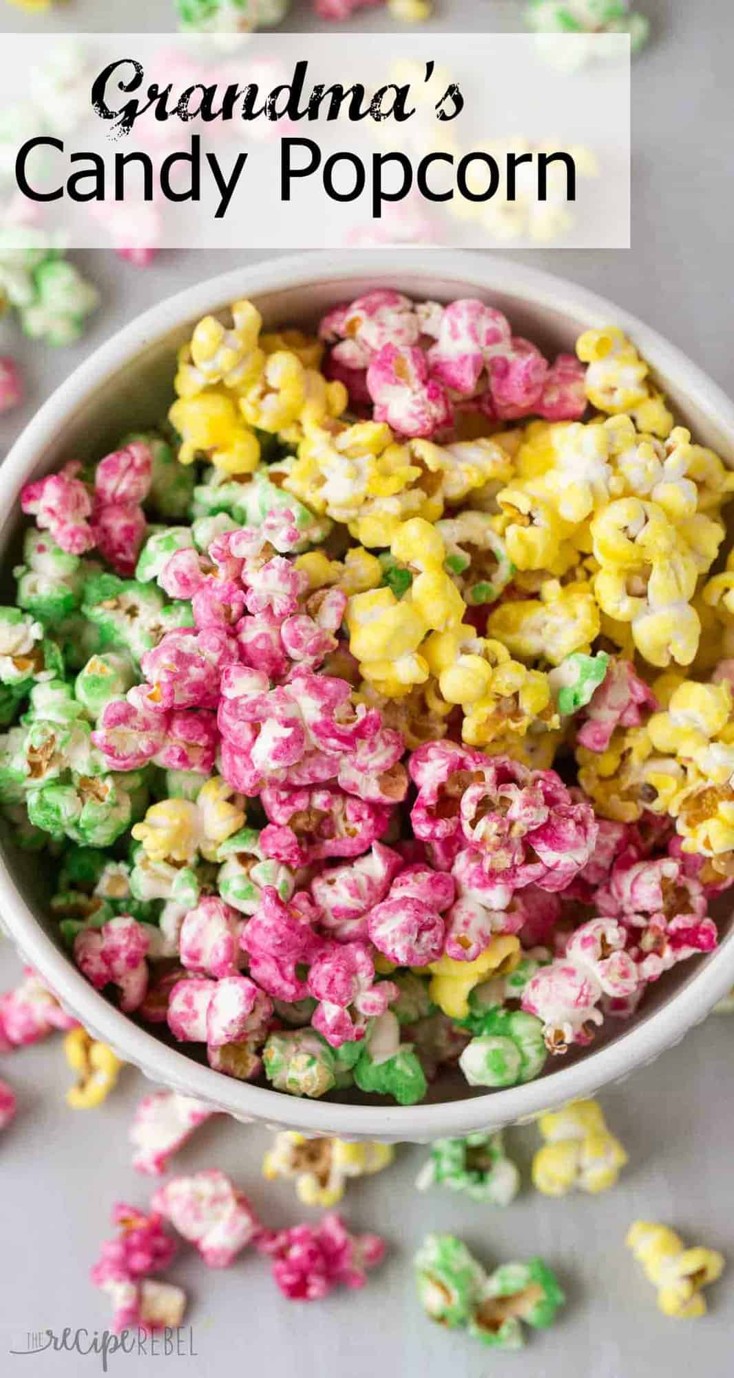 long overhead image of bowl of candy popcorn in pink green and yellow with title