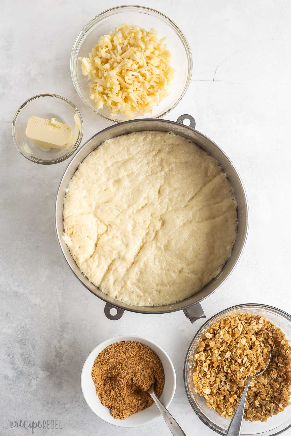 some ingredients needed to make apple streusel cinnamon rolls.