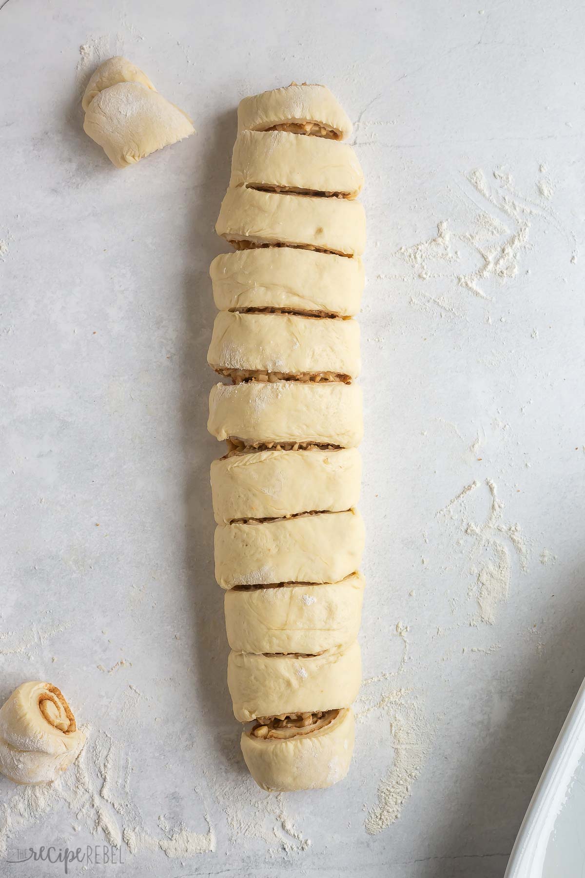 cinnamon rolls rolled and sliced ready to bake.