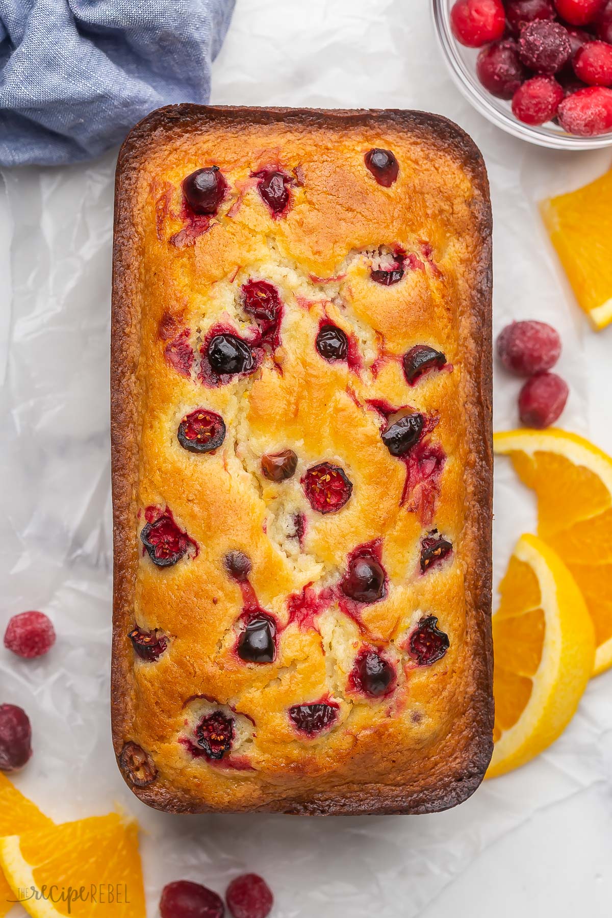 overhead image of finished cranberry orange bread with no glaze.