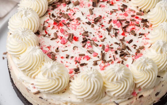 close up image of no bake peppermint bark cheesecake with whipped cream crushed candy canes and chocolate shavings.