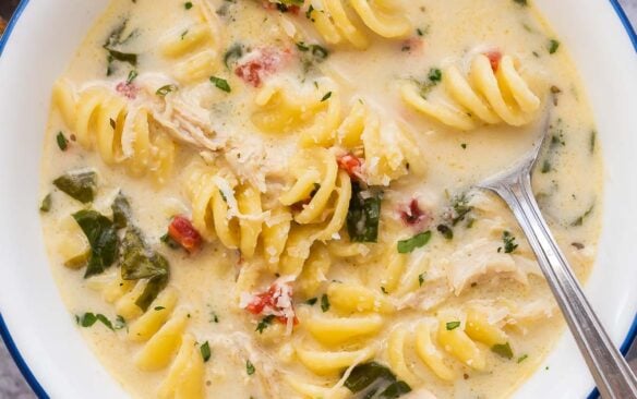 close up image of white bowl with italian chicken noodle soup and spoon.