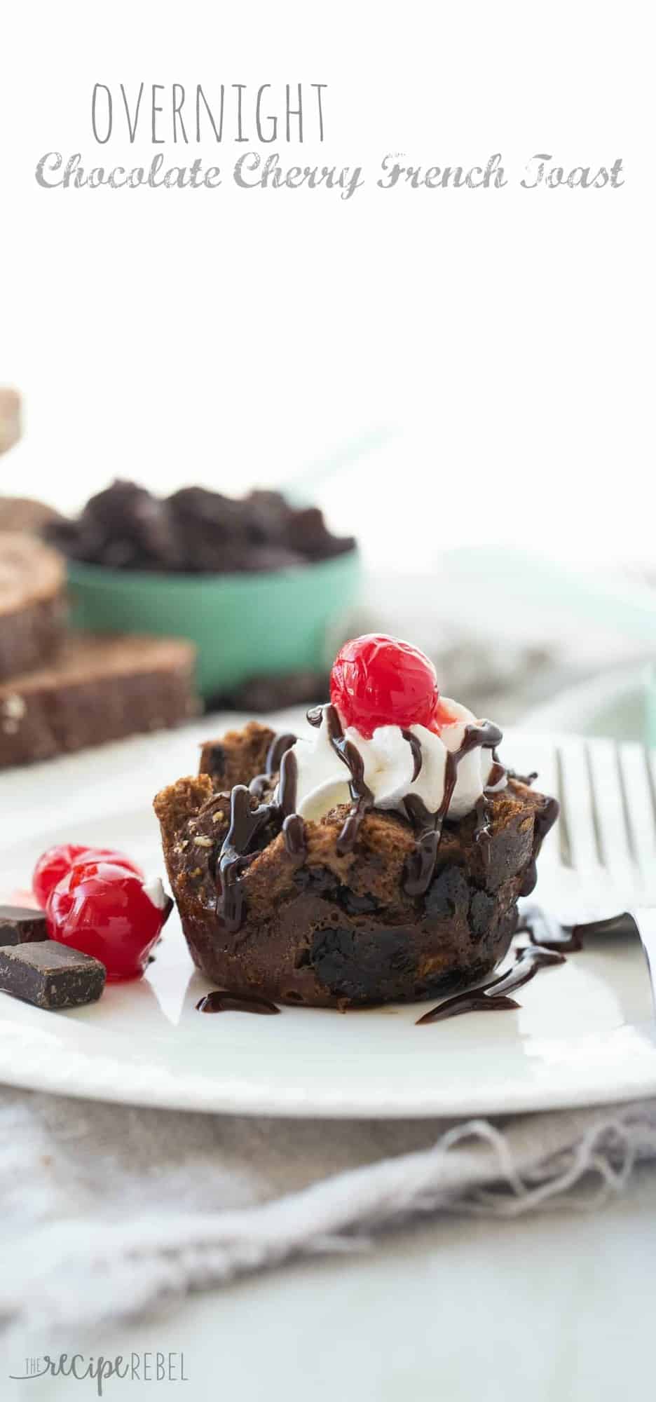 close up of mini french toast muffin with whipped cream chocolate sauce and cherries with title overlay