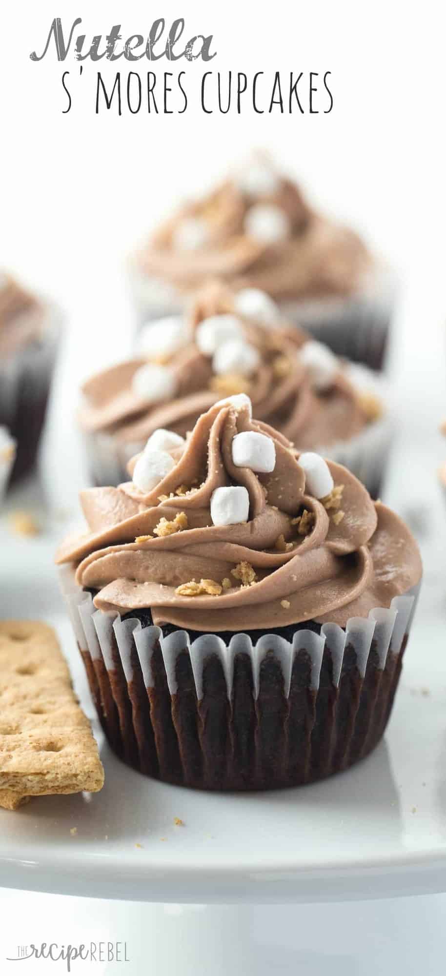 close up image of nutella smores cupcakes with graham crumbs and marshmallow bits with title