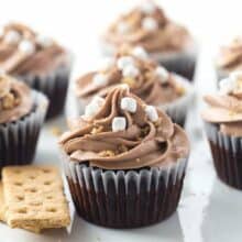 nutella smores cupcakes on white cake plate with crushed graham crumbs and marshmallow bits