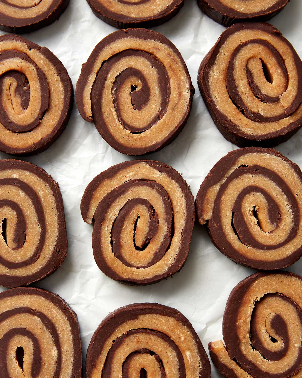 overhead image of chocolate peanut butter pinwheel fudge.