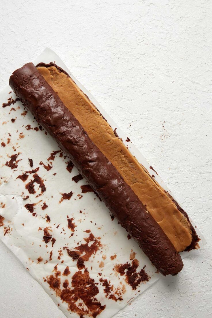 chocolate and peanut butter layers rolled up together.