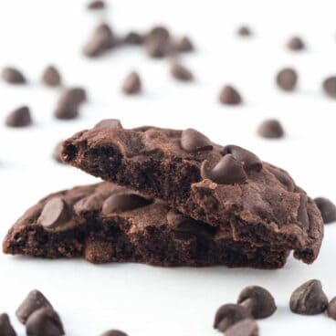 The perfect double chocolate cookies -- rich, chocolately, chewy and never fluffy! Plus no chilling!
