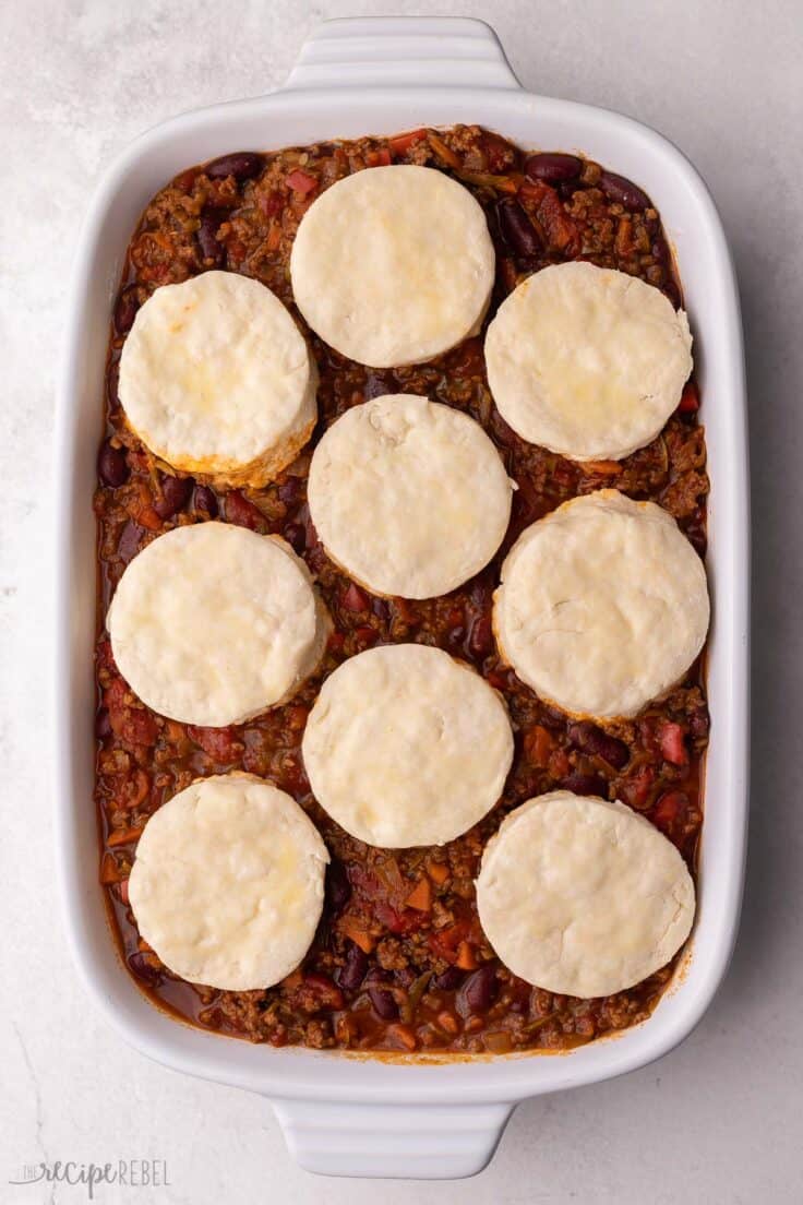 unbaked biscuit rounds on top of casserole.