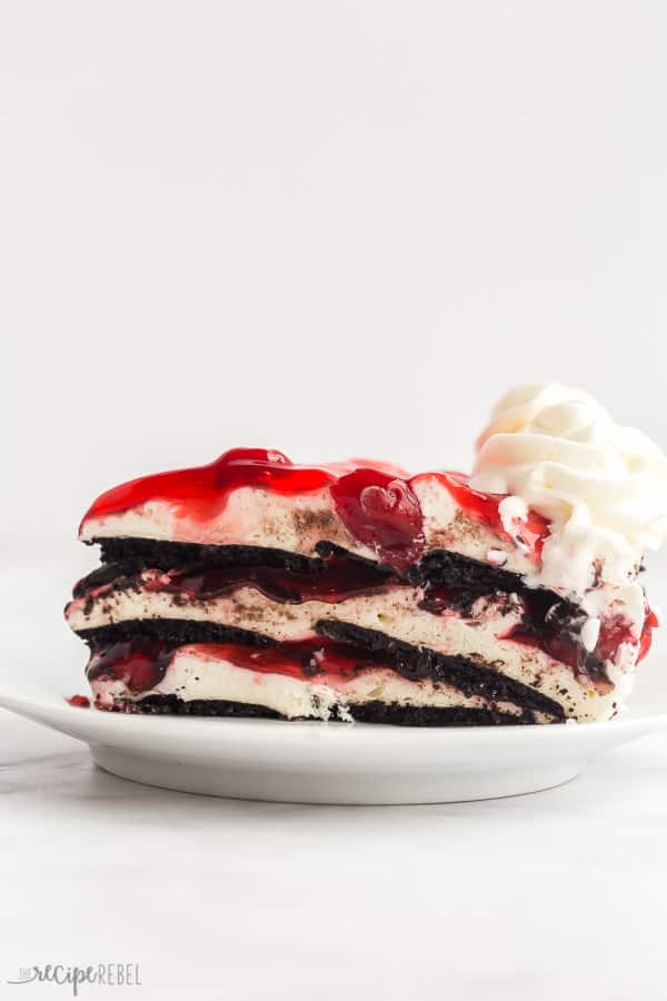 black forest icebox cake slice on white plate