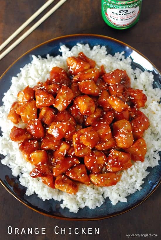 overhead image of orange chicken on white rice