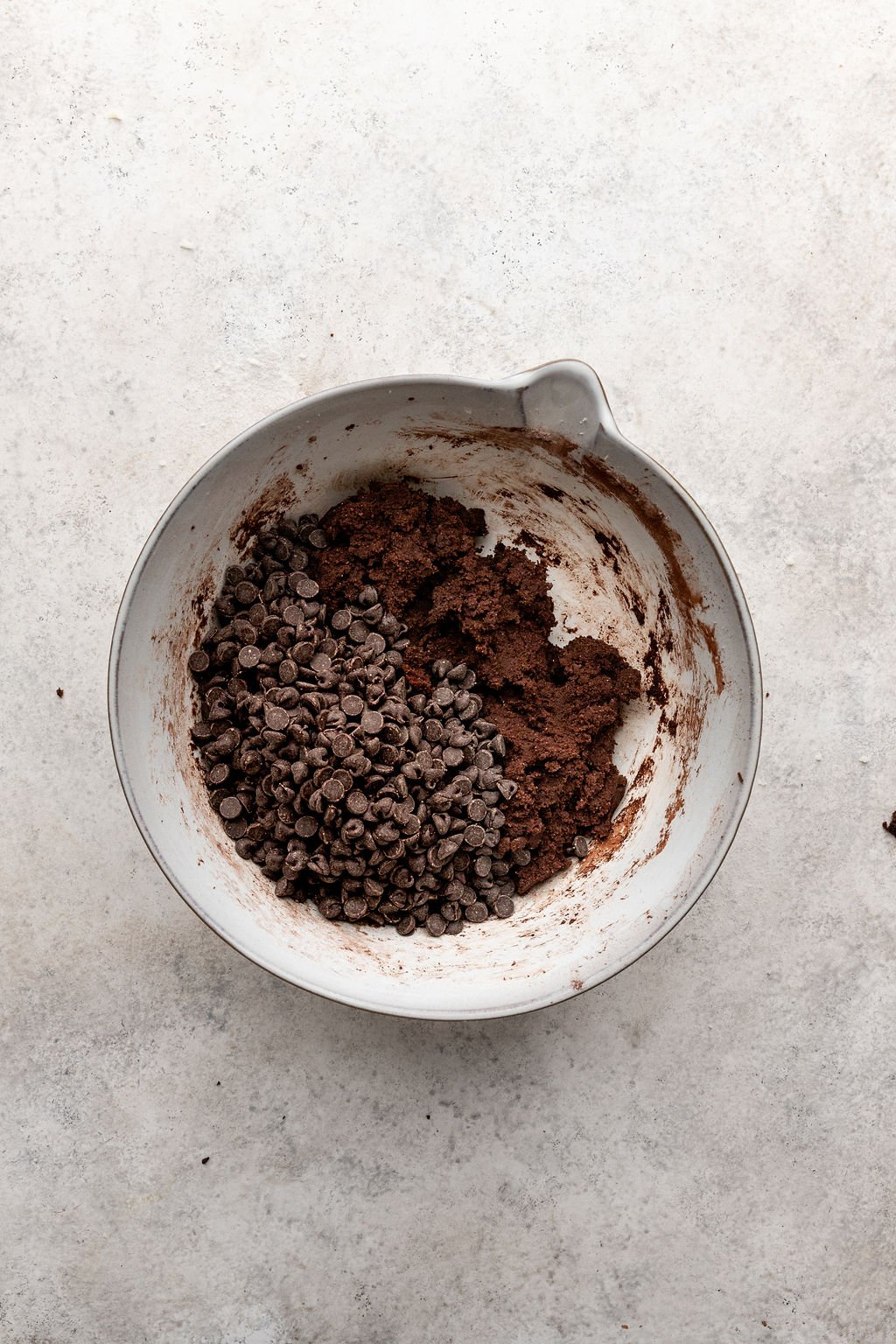chocolate chips added to mixing bowl.