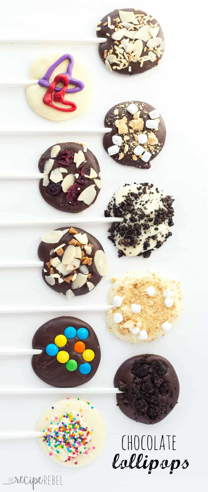 chocolate lollipops ten ways lined up with title