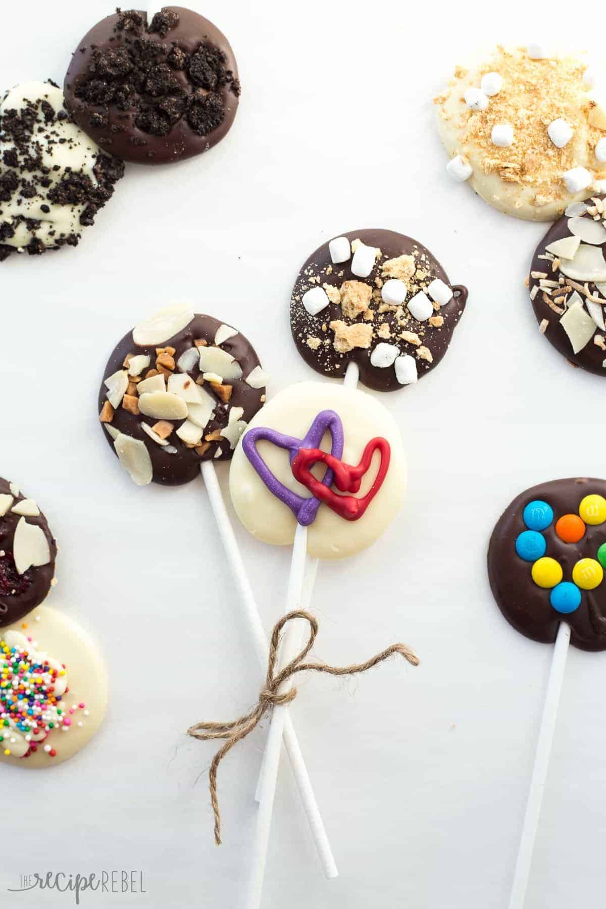 chocolate lollipops of different kinds three tied together with a string